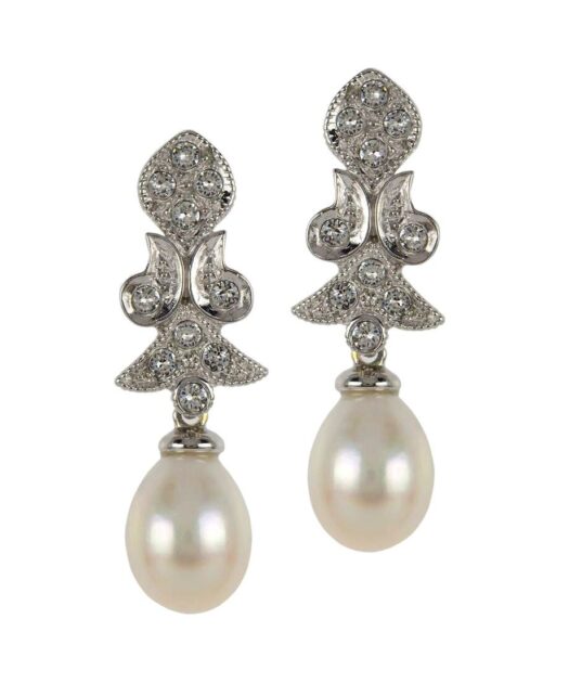 Pendientes de plata para novia con perla blanca y cristal Swarovski