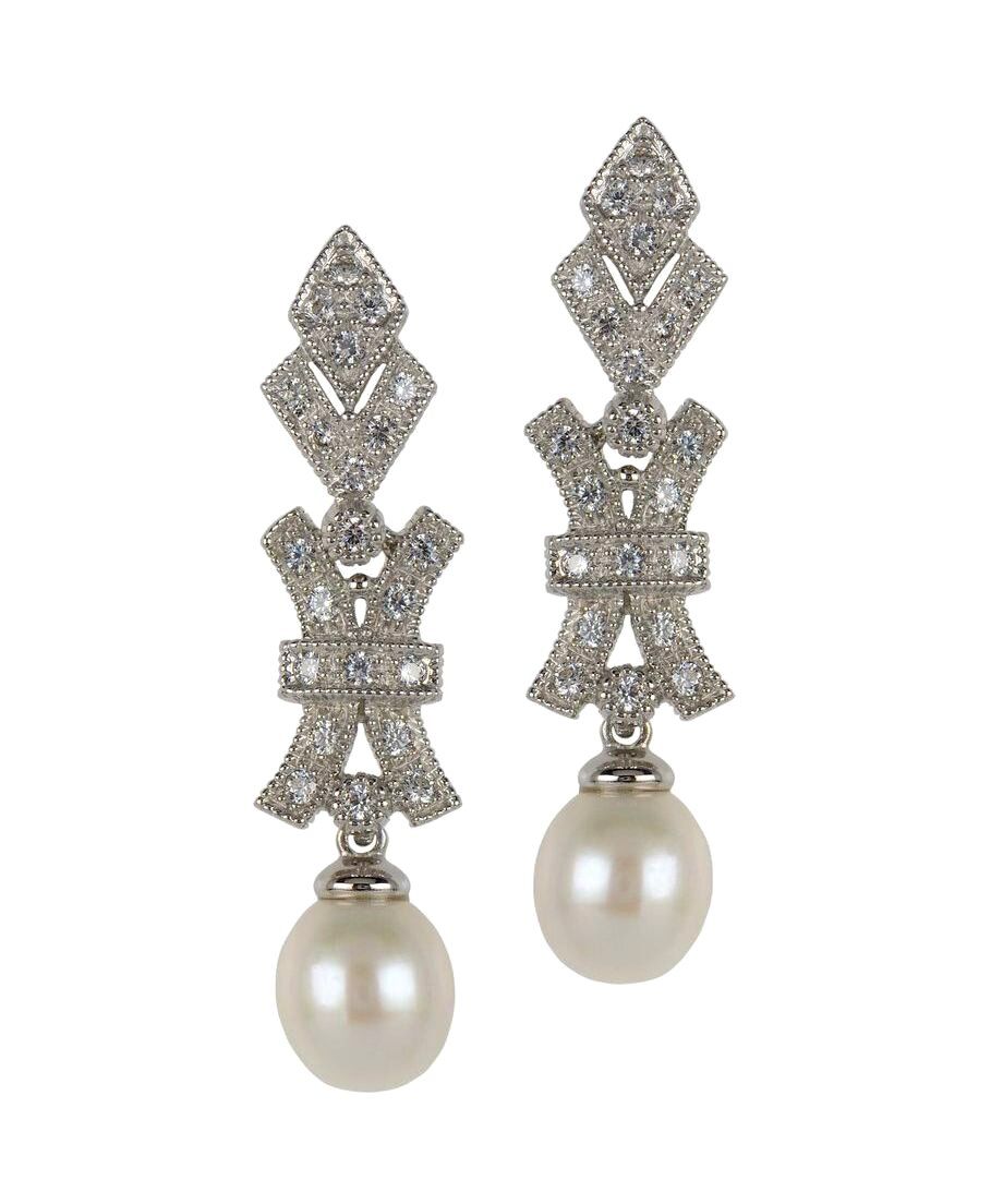 Pendientes de plata y perla para novia con baño de rodio y cierre presión Pendientes de plata y perla para novia con baño de rodio y cierre presión