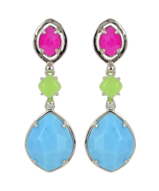 Pendientes articulados Alegría con tres Swarovski Elements mate en tonos fucsias, verdes y azules de plata de primera ley rodinada