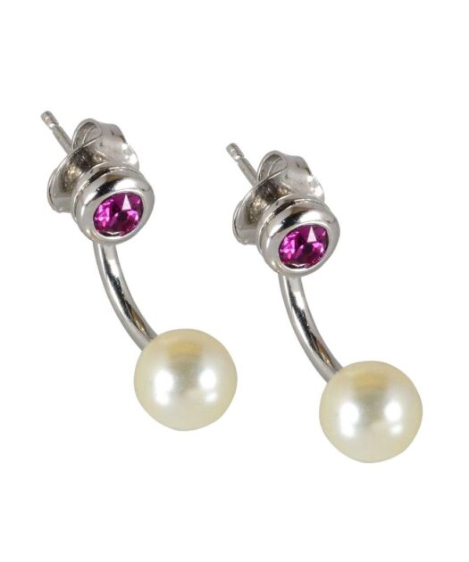 Pendientes doble postura con cristal morado y perla fabricados en plata de ley
