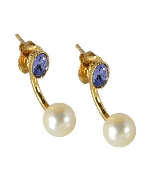 Pendientes dobles con cristal morado y perla de plata de ley