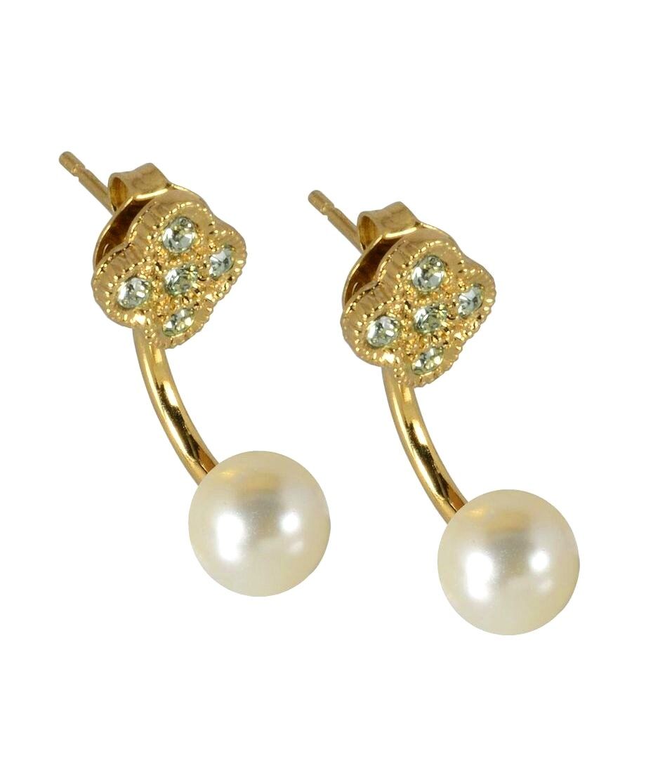 Pendientes dobles con cristales y perlas blancas de plata dorada