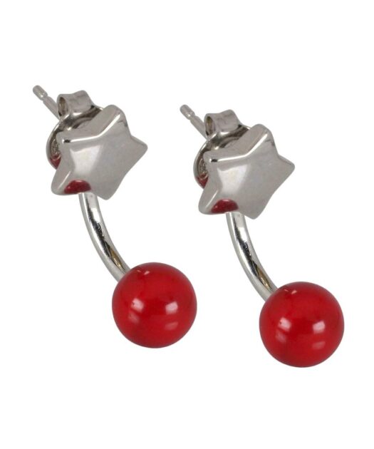 Pendientes dobles con estrella y bola roja fabricados en plata de ley rodinada