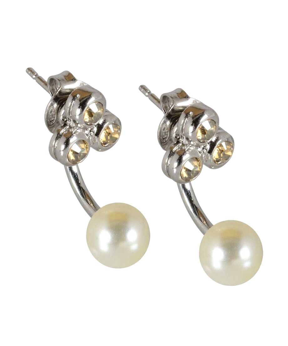 Pendientes dobles con perla y cristales Swarovski de plata de ley rodinada