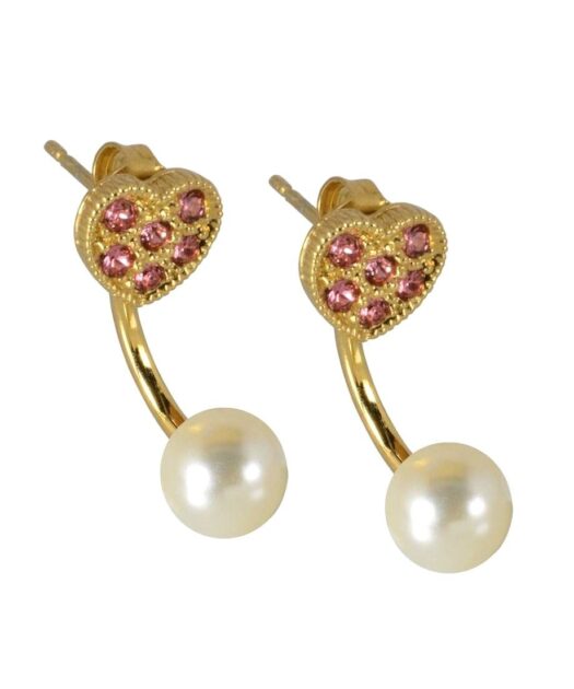 Pendientes dobles de corazón con una perla de plata dorada