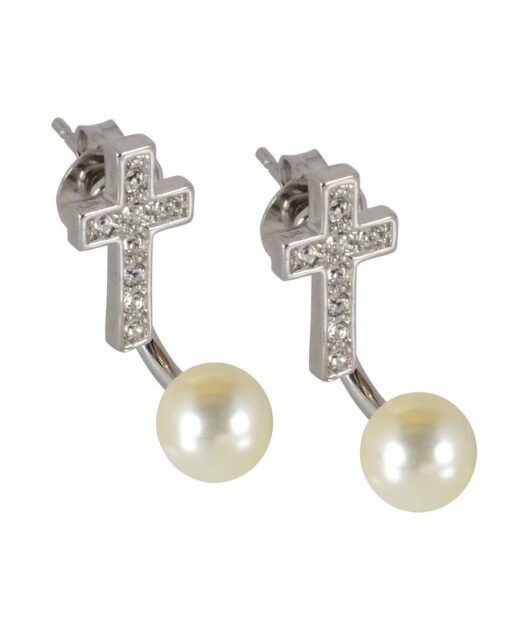 Pendientes dobles de cruces y perlas de plata de primera ley rodinada