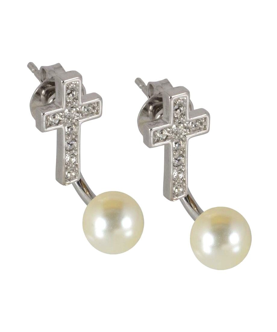 Pendientes dobles de cruces y perlas de plata de primera ley rodinada