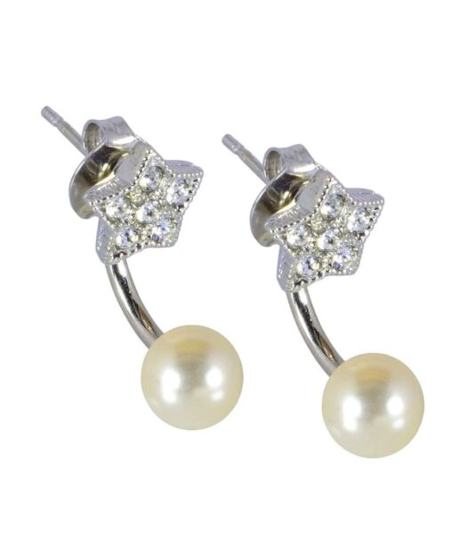 Pendientes dobles de estrellas y perlas de plata de primera ley rodinada