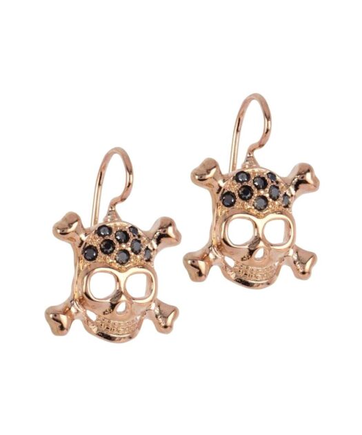 Pendientes gancho de calavera de plata de ley bañada en oro rosa