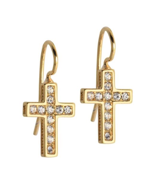 Pendientes gancho de cruz de plata bañada en oro amarillo