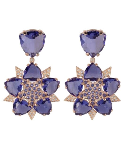 Pendientes grandes de estrella oro rosa de plata con Swarovski Elements violetas