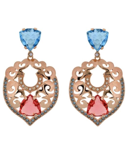 Pendientes grandes rosas y azules de plata con un baño de oro 18 quilates