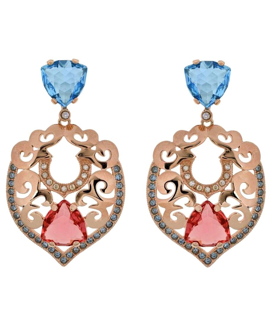 Pendientes grandes rosas y azules de plata con un baño de oro 18 quilates Pendientes grandes rosas y azules de plata con un baño de oro 18 quilates