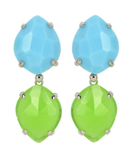 Pendientes largos Alegría con dos Swarovski Elements verdes y azules de plata de primera ley rodinada de Máximo Betro