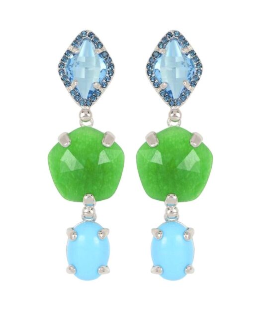 Pendientes largos azules y verdes de plata de primera ley rodinada
