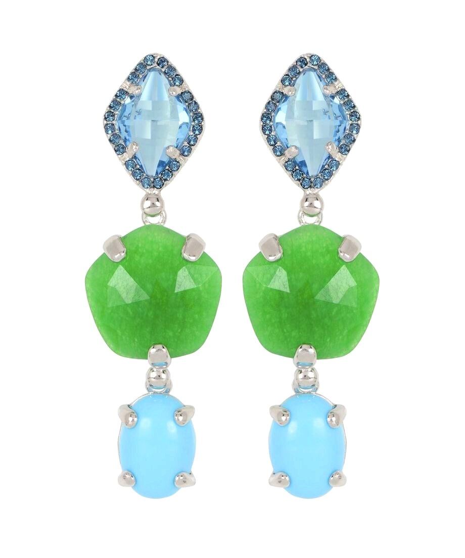 Pendientes largos azules y verdes de plata de primera ley rodinada