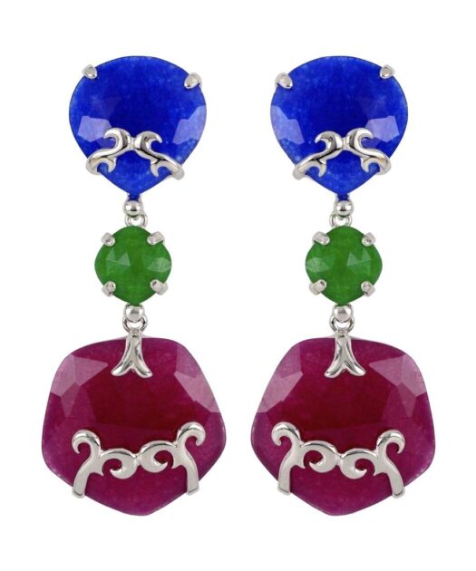 Pendientes largos con tres piedras de plata rodinada