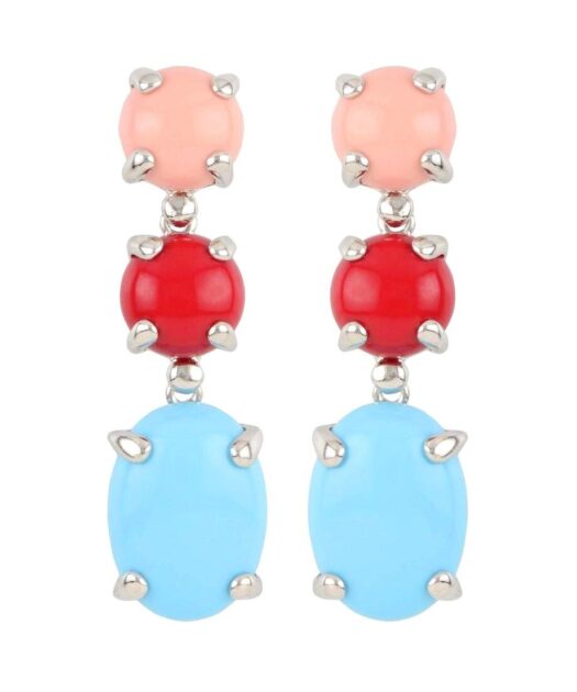 Pendientes largos coral y turquesa de plata de ley rodinada