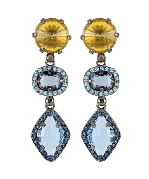 Pendientes largos Swarovski Elements azules y amarillos de plata con rutenio