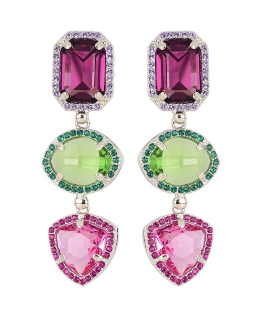 Pendientes largos Swarovski Elements multiforma de plata con baño de rodio