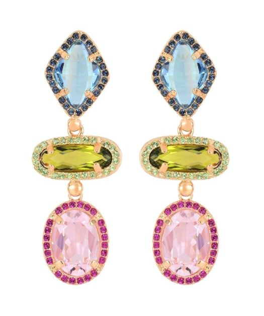 Pendientes largos Swarovski Elements tres colores de plata bañada en oro rosa