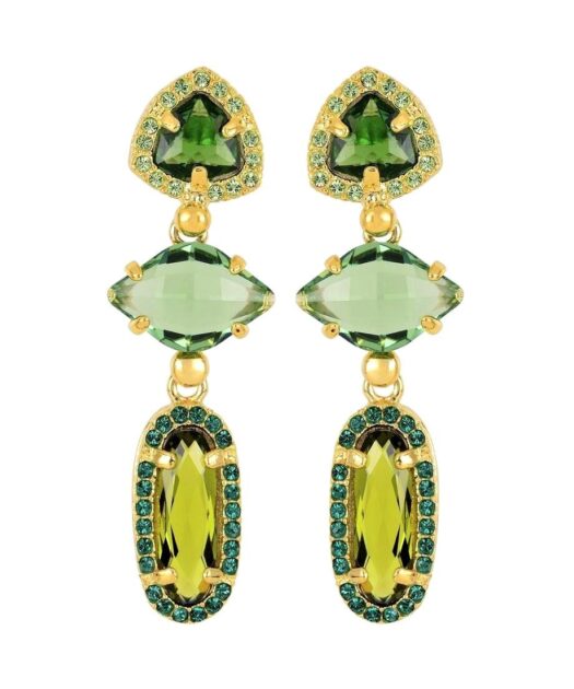 Pendientes largos Swarovski Elements verdes de plata bañada en oro amarillo