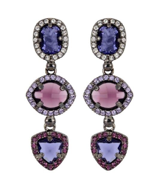 Pendientes largos Swarovski Elements violetas y morados de plata con rutenio