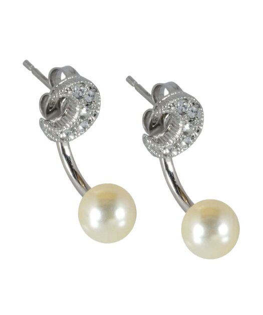 Pendientes media luna brillante con perla de plata de primera ley