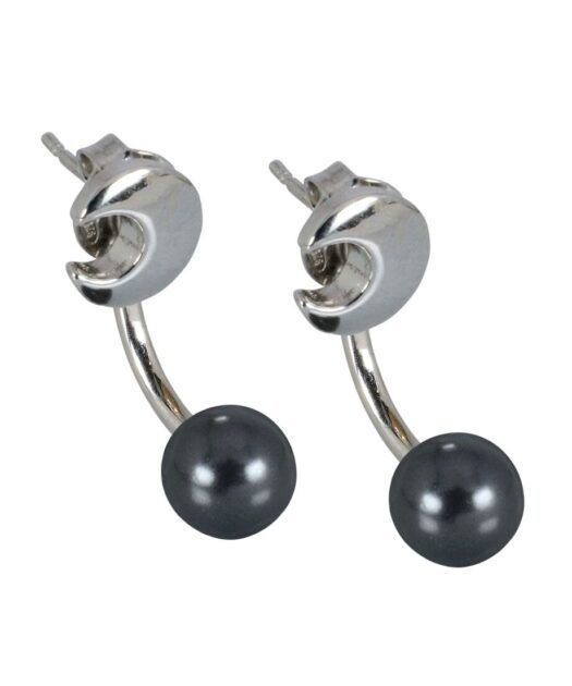Pendientes media luna y bola negra de plata de primera ley rodinada