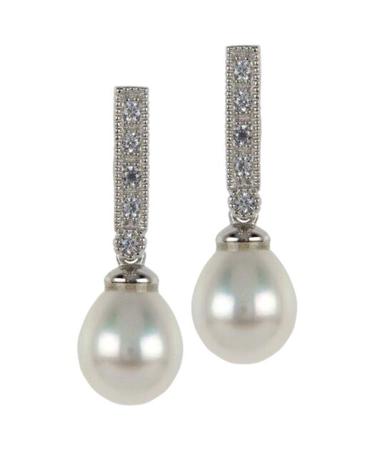 Pendientes novia alargados con perla de plata rodinada con Swarovski Elements