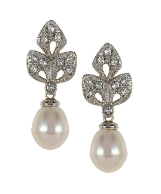 Pendientes novia pequeños con perla de plata de ley rodinada y cristales Swarovski