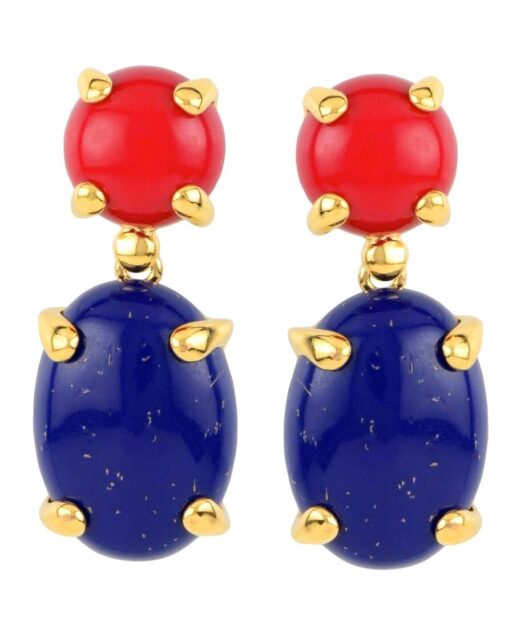 Pendientes oro amarillo con coral y lapislázuli de plata de ley