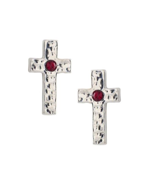 Pendientes pequeños cruz de plata bañada en rodio con un cristal Swarovski