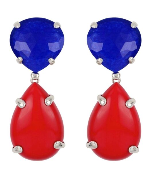 Pendientes piedra azul con coral rojo en plata de ley con baño de rodio