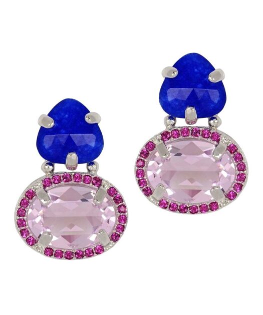 Pendientes piedra azul con Swarovski Elements rosas en plata de ley rodinada