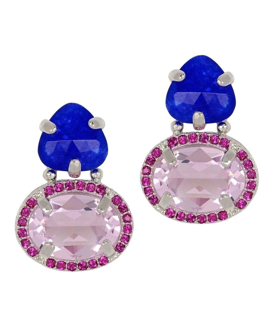 Pendientes piedra azul con Swarovski Elements rosas en plata de ley rodinada