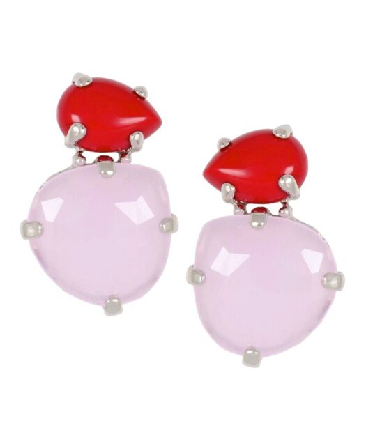 Pendientes coral rojo con piedra rosa en plata de ley rodinada