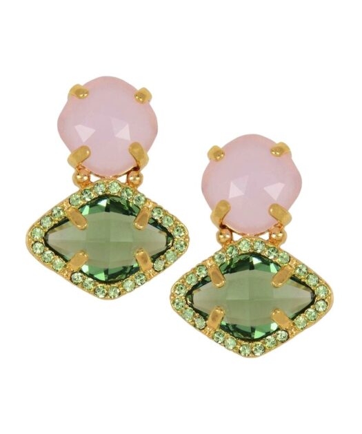 Pendientes piedra rosa con cristales Swarovski verdes en plata bañada en oro rosa