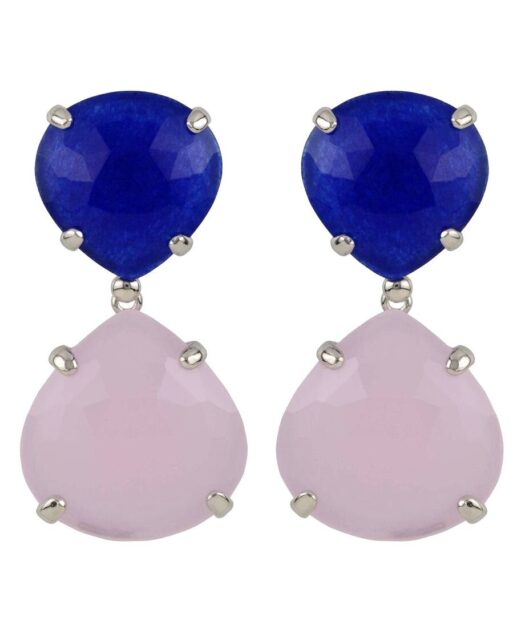 Pendientes articulados con dos piedras naturales rosa y azules de plata de primera ley bañada en rodio