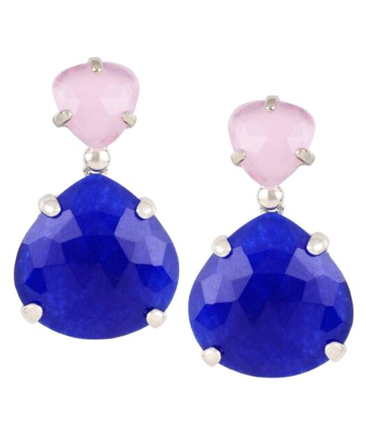 Pendientes largos con dos piedras naturales azules y rosas de plata de primera ley bañada en rodio