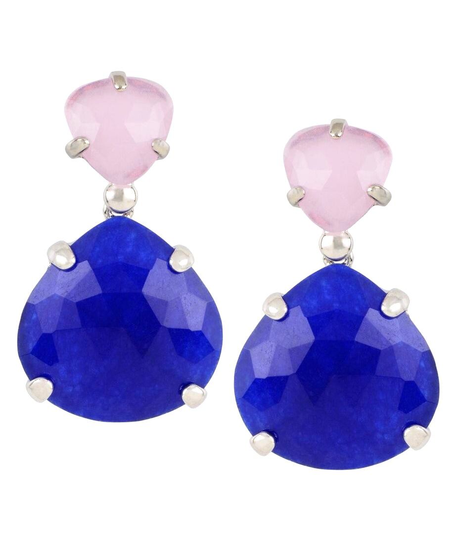 Pendientes largos con dos piedras naturales azules y rosas de plata de primera ley bañada en rodio