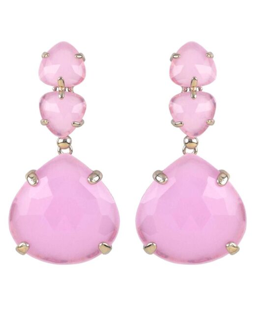 Pendientes largos articulados con tres piedras naturales color rosa palo de plata de primera ley rodinada