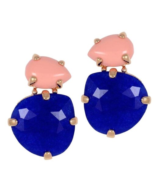 Pendientes rosas y azules de piedra natural de plata bañada en oro rosa