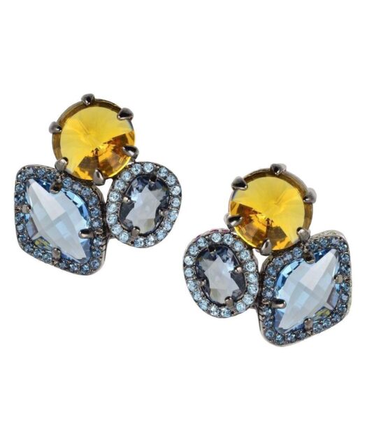 Pendientes Swarovski Elements amarillos y azules de plata de ley con baño de rutenio