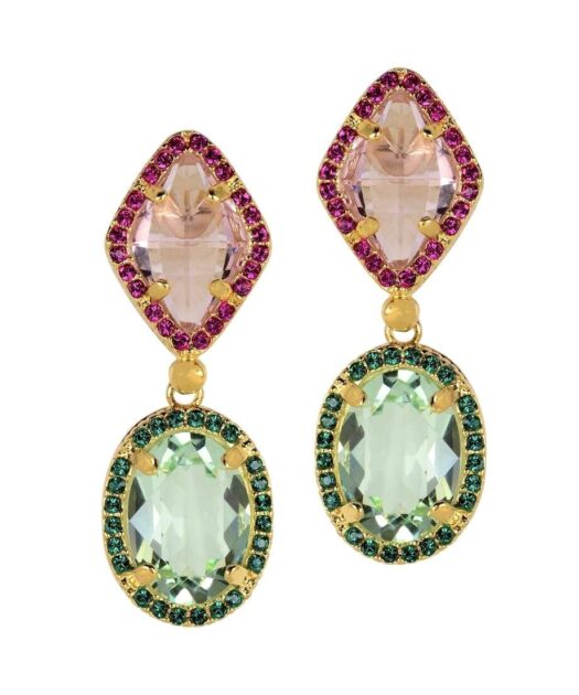 Pendientes Swarovski Elements malvas y verdes de plata con baño de oro