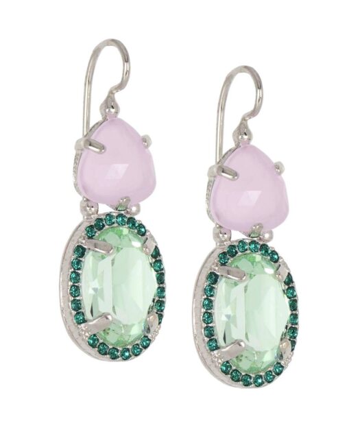 Pendientes verde agua con piedra rosa de plata de ley con un baño de rodio