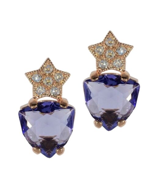 Pendientes violetas con estrella de plata bañada en oro rosa 18 K