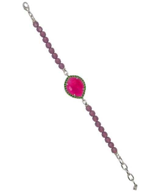 Pulsera Alegría con Swarovski Elements en tonos violetas, fucsias y verdes de plata bañada en rodio