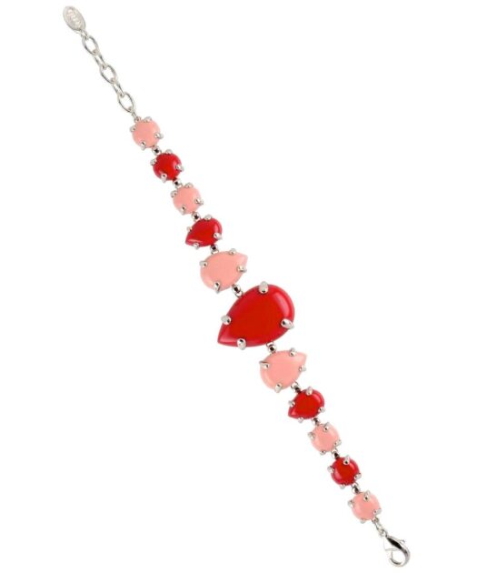 Pulsera coral rojo y rosa de plata rodinada con cierre de mosquetón