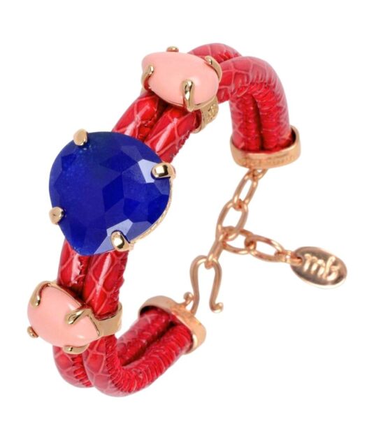 Pulsera coral rosa con piedra azul de plata bañada en oro rosa